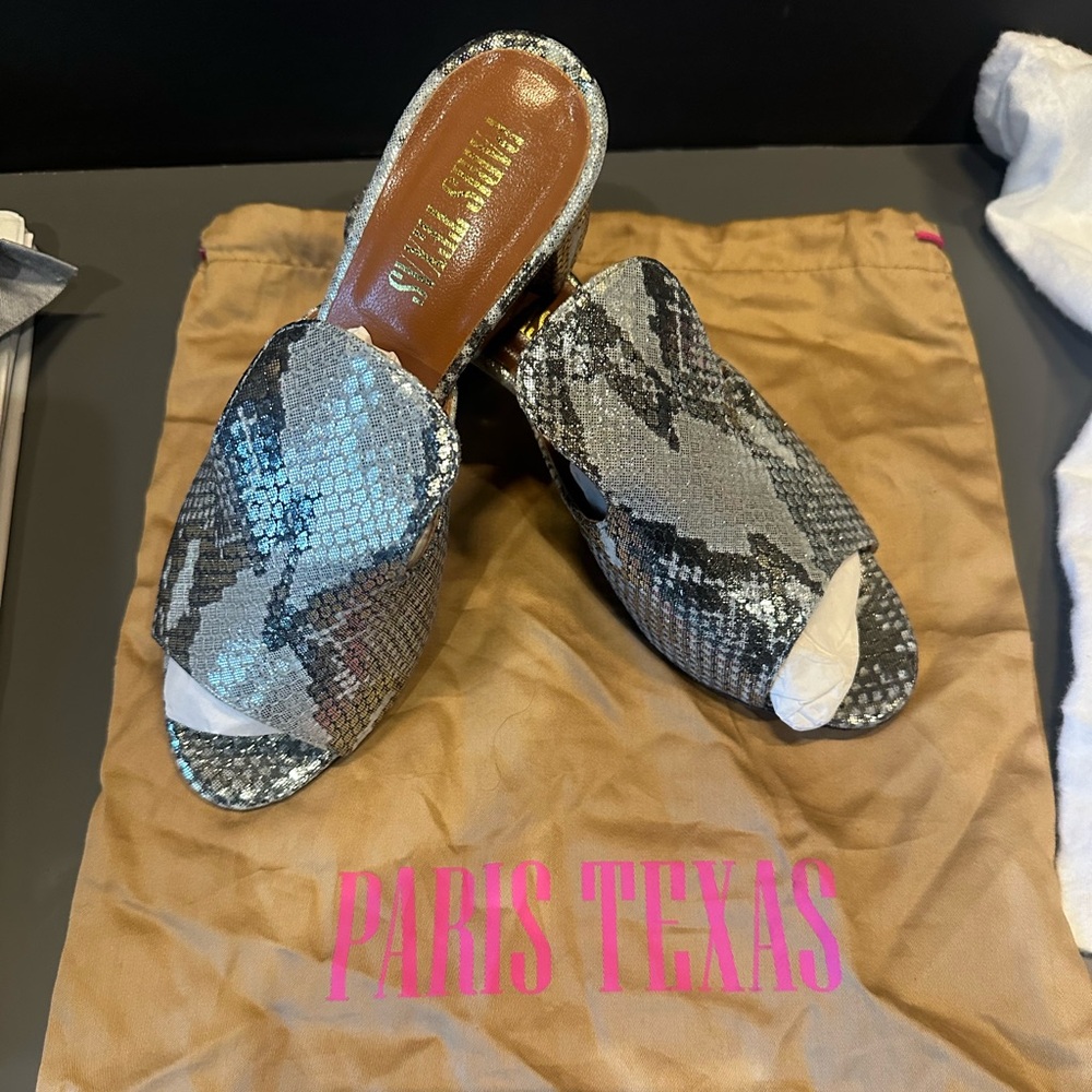 Paris Texas Snakeskin Mules in Blue and Gray